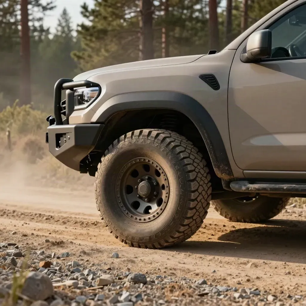 Finished trail truck front end with bumper, skid plate, and liners on a dusty trail