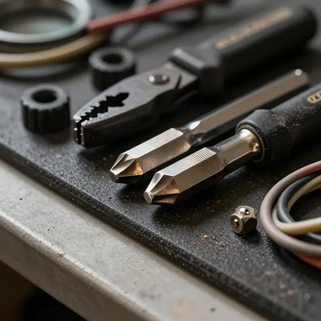 Macro of torque bits, clip tools, grommets and a coiled harness on a dark rubber mat.