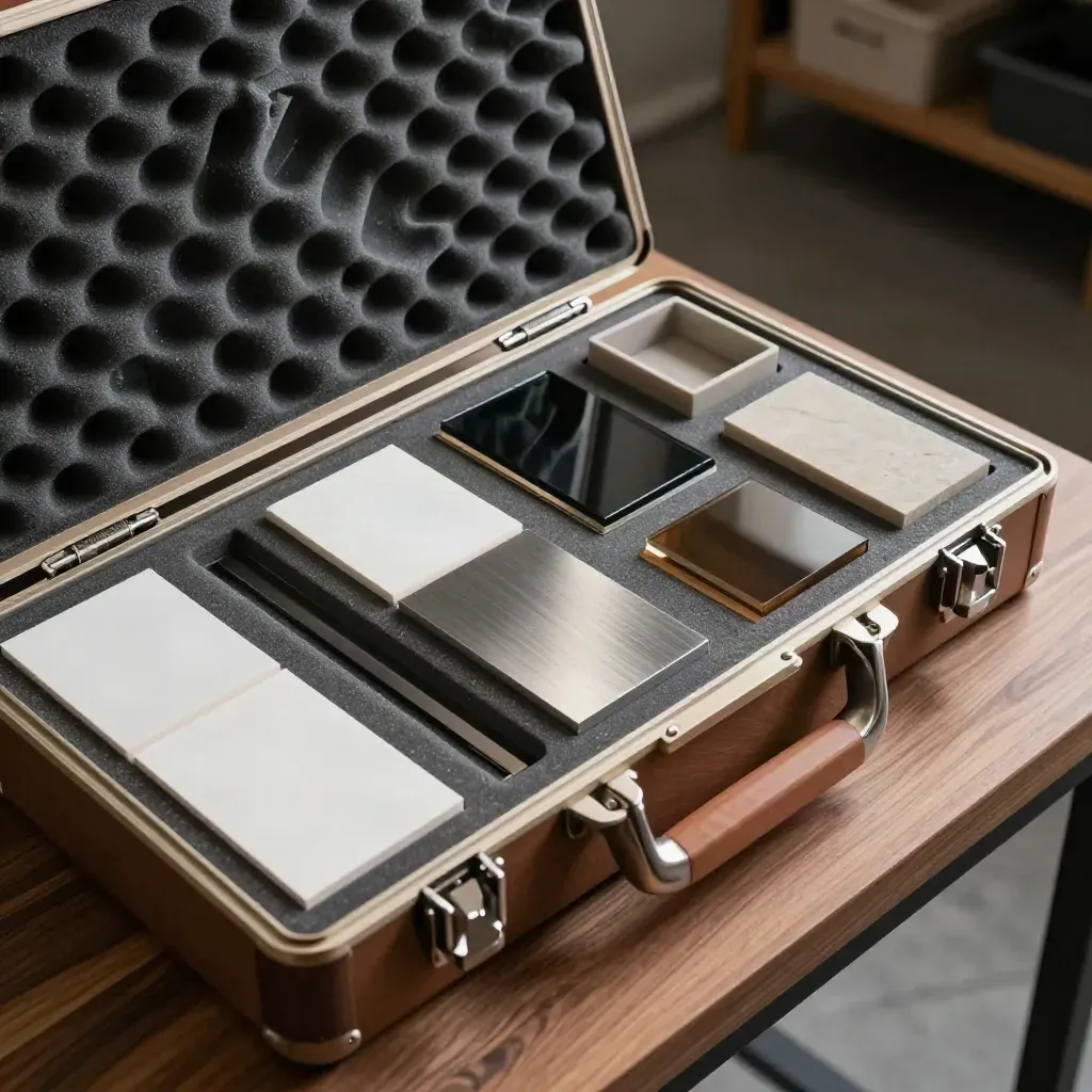 Open project case with finish swatches, foam grid, and empty bins on a walnut workbench.