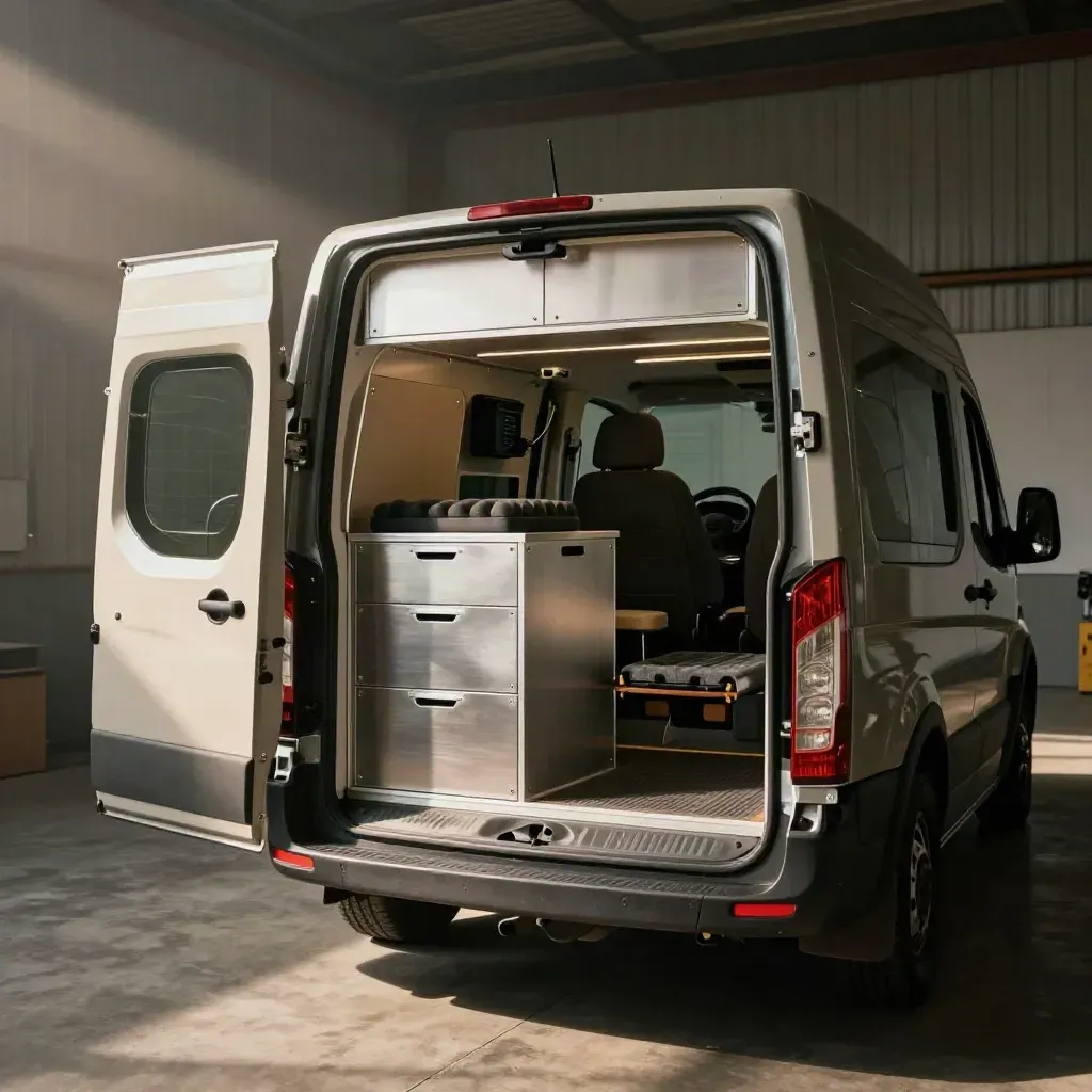 Upgraded van cabin with modular storage and organized cargo, seen through an open sliding door