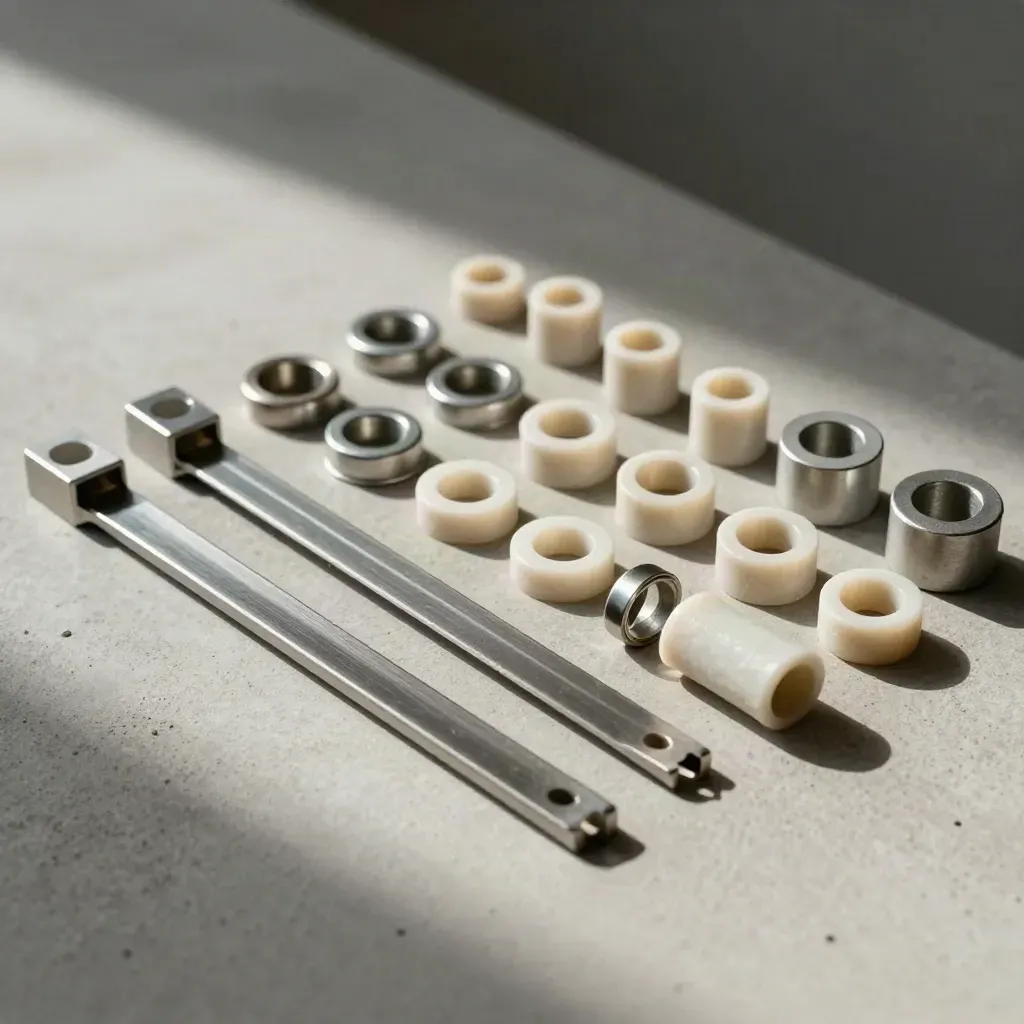 Overhead flatlay of matched brackets, spacer sleeves, and washers on pale concrete.