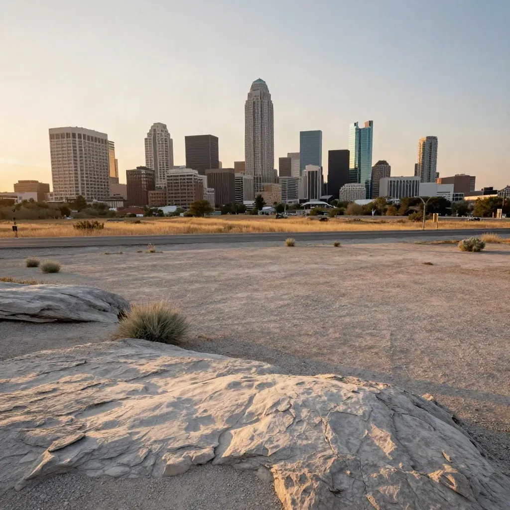 Austin skyline at golden hour above limestone prairie and a quiet road shoulder.