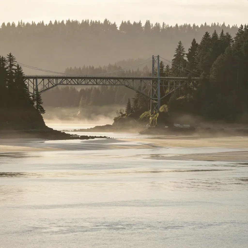 Steel bridge over misty Pacific Northwest water with evergreen ridges